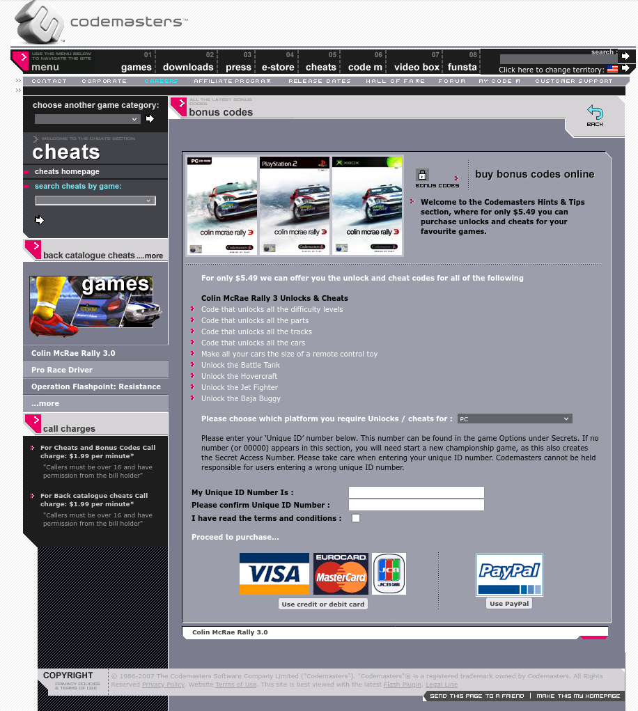Snapshot of the now-dead Codemasters page for Colin McRae Rally 3 cheats. Only $5.49 for those.