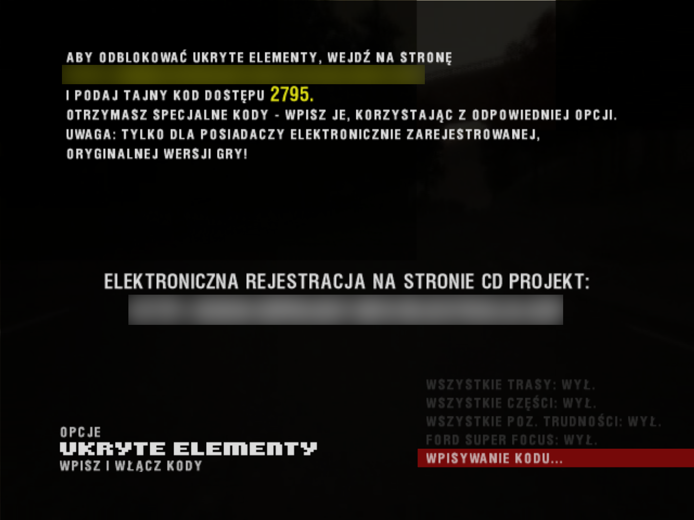 The "secrets" menu splash screen from the Polish edition of the game.